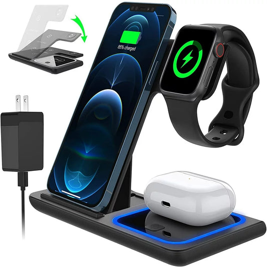 18W 3-in-1 Wireless Charger Station: iPhone, AirPods, iWatch Compatible, QC3.0 Adapter Included