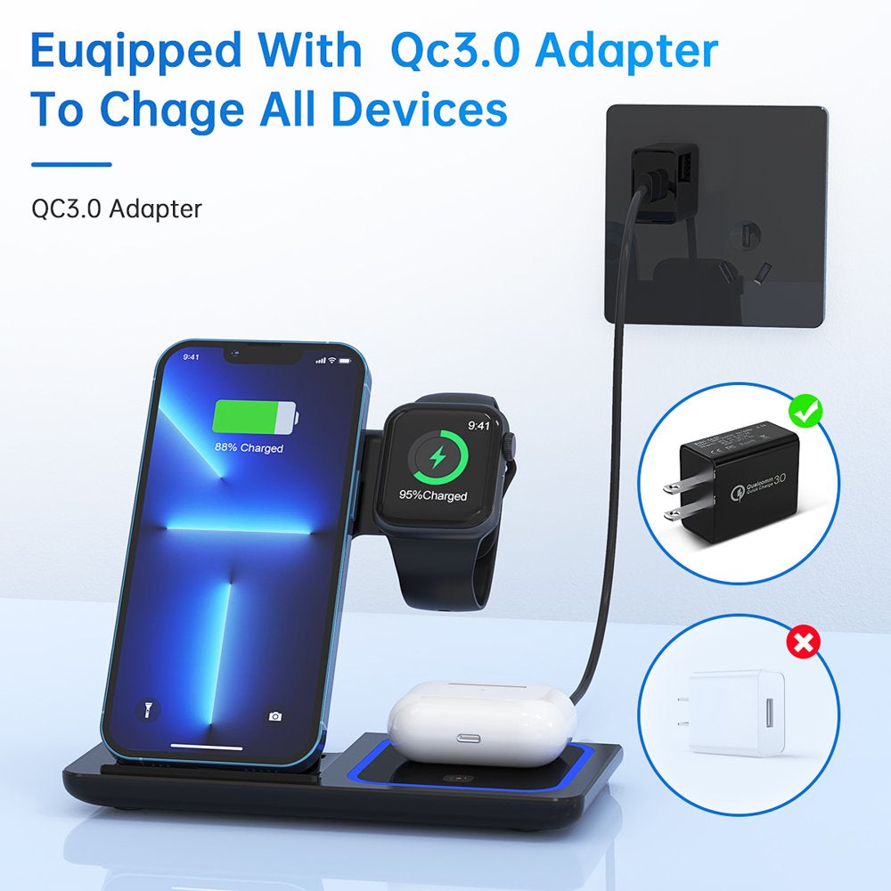 18W 3-in-1 Wireless Charger Station: iPhone, AirPods, iWatch Compatible, QC3.0 Adapter Included