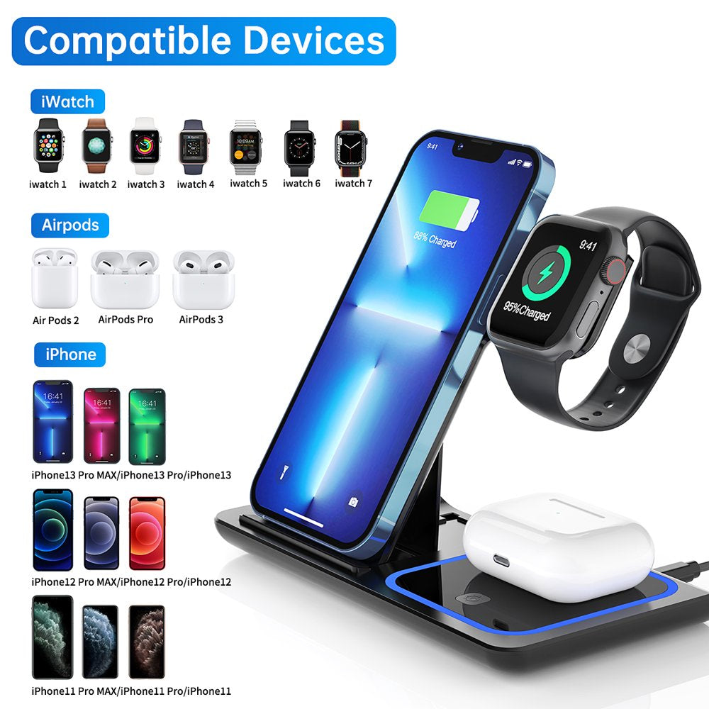 18W 3-in-1 Wireless Charger Station: iPhone, AirPods, iWatch Compatible, QC3.0 Adapter Included