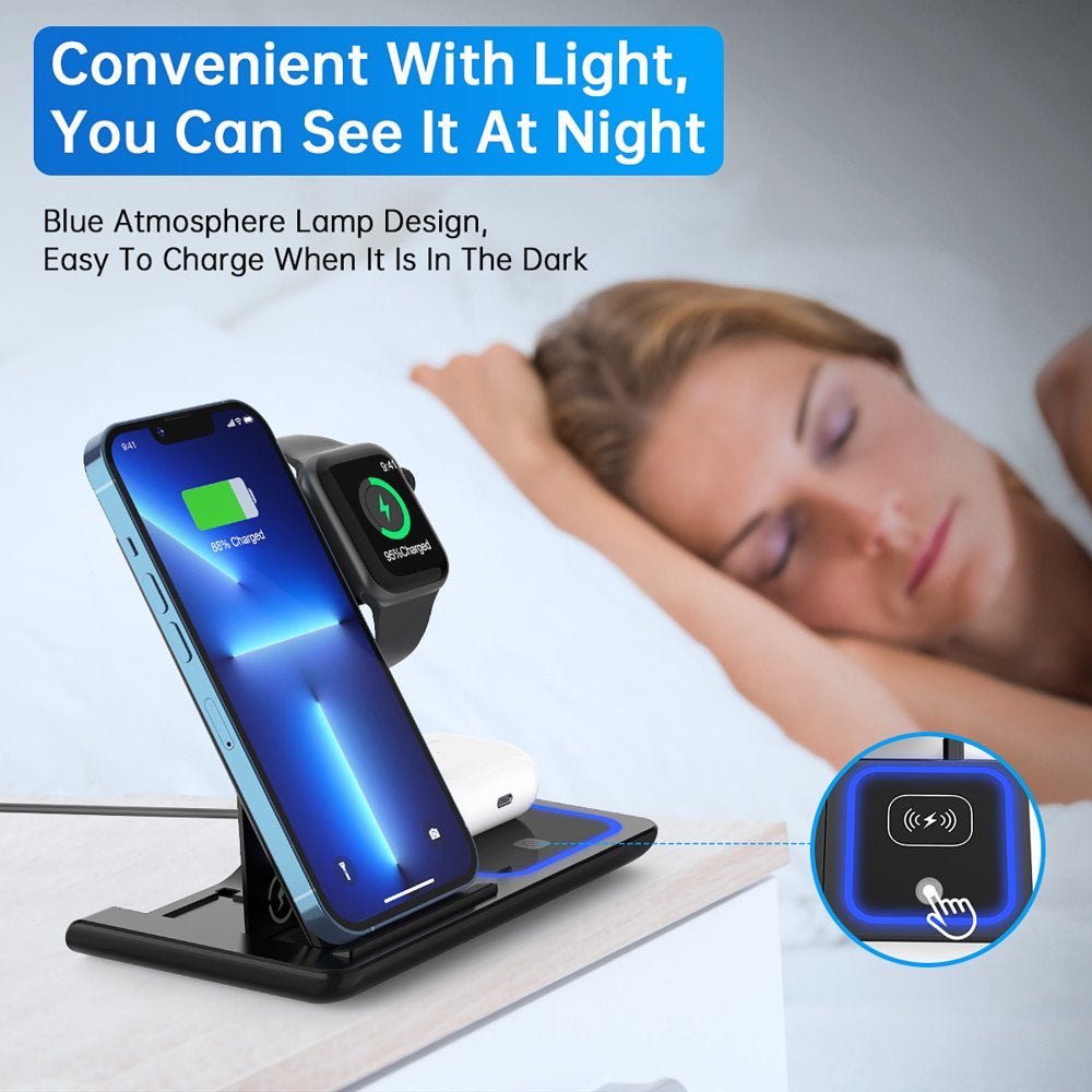 18W 3-in-1 Wireless Charger Station: iPhone, AirPods, iWatch Compatible, QC3.0 Adapter Included