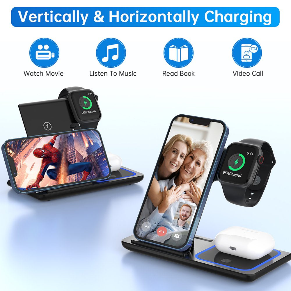 18W 3-in-1 Wireless Charger Station: iPhone, AirPods, iWatch Compatible, QC3.0 Adapter Included